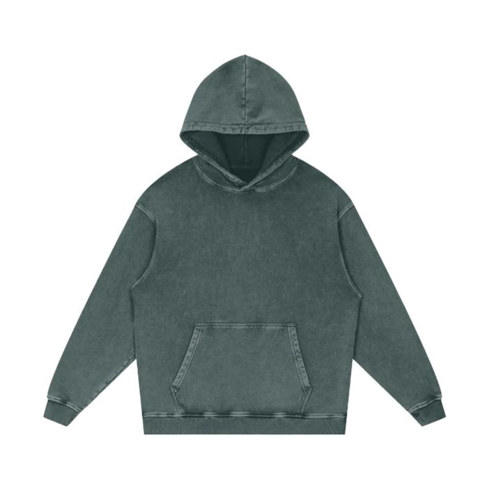 Acid Wash Pullover Hoodie with Kangaroo Pocket â€“ Dark Green image 2