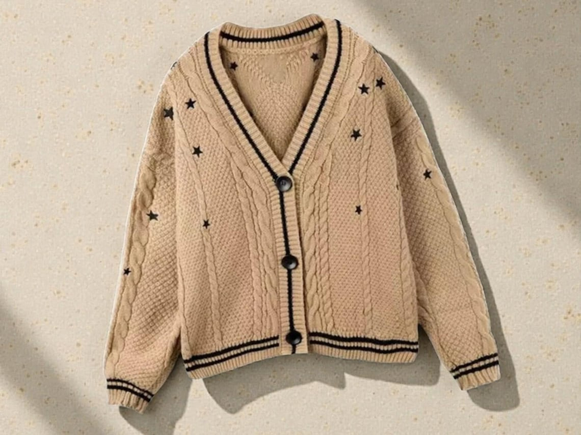 Cable Knit V-Neck Cardigan Sweater with Star Embroidery image 1