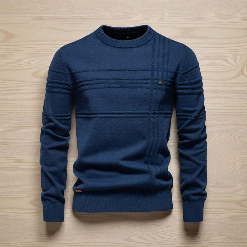 Men's Crew Neck Textured Knit Pullover Sweater - Navy Blue image 2