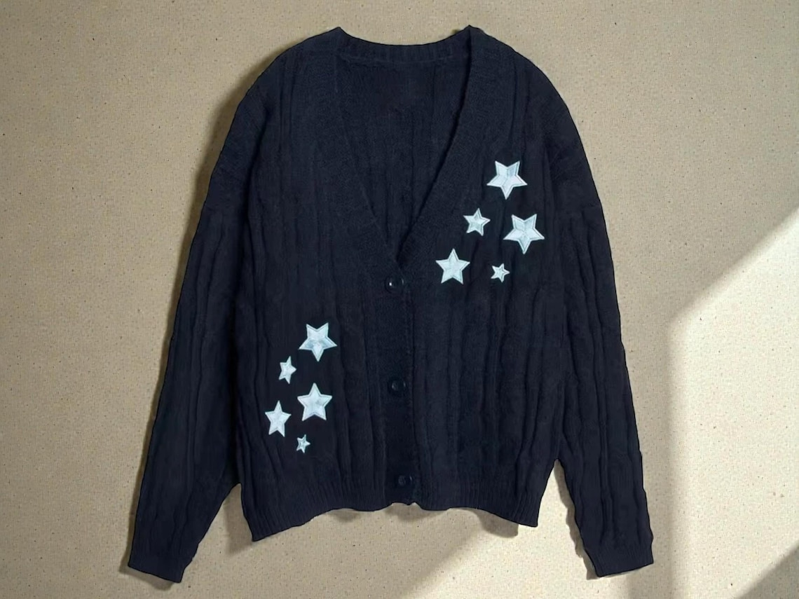 Navy Blue V-Neck Cardigan Sweater with Star Appliques image 1