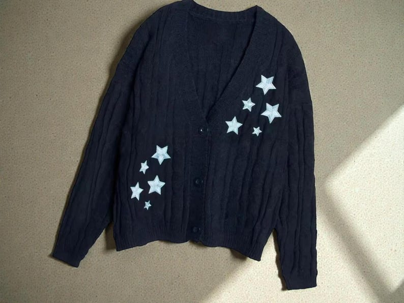 Navy Blue V-Neck Cardigan Sweater with Star Appliques image 2