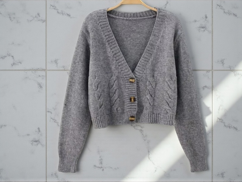 Women's Cropped Knit Cardigan and Pullover Sweater Set, Gray image 1