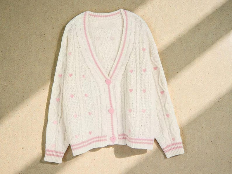 Women's Knit Cardigan with Floral Embroidery and V-Neck, Cream/Pink image 1