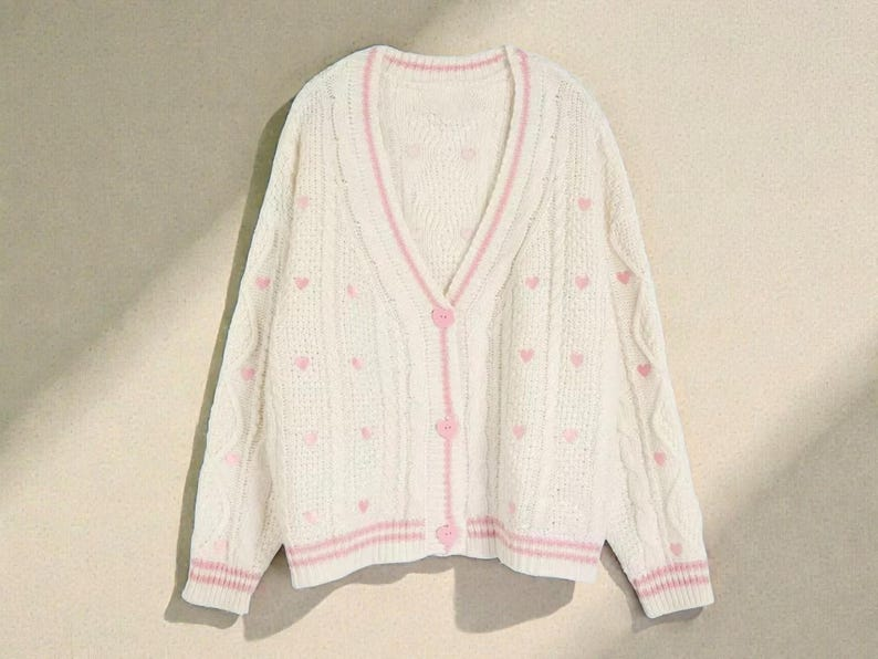 Women's Knit Cardigan with Floral Embroidery and V-Neck, Cream/Pink image 2